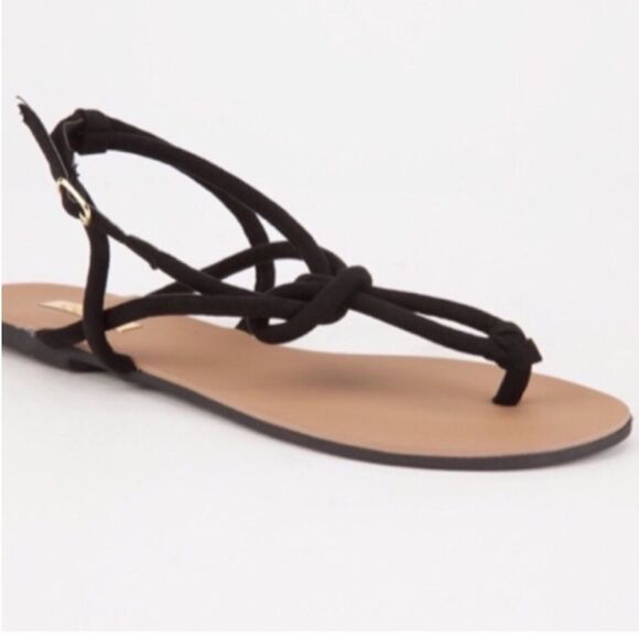Black Rope T Strap Knot Buckle Closure Flat Sandals NEW - Picture 1 of 4